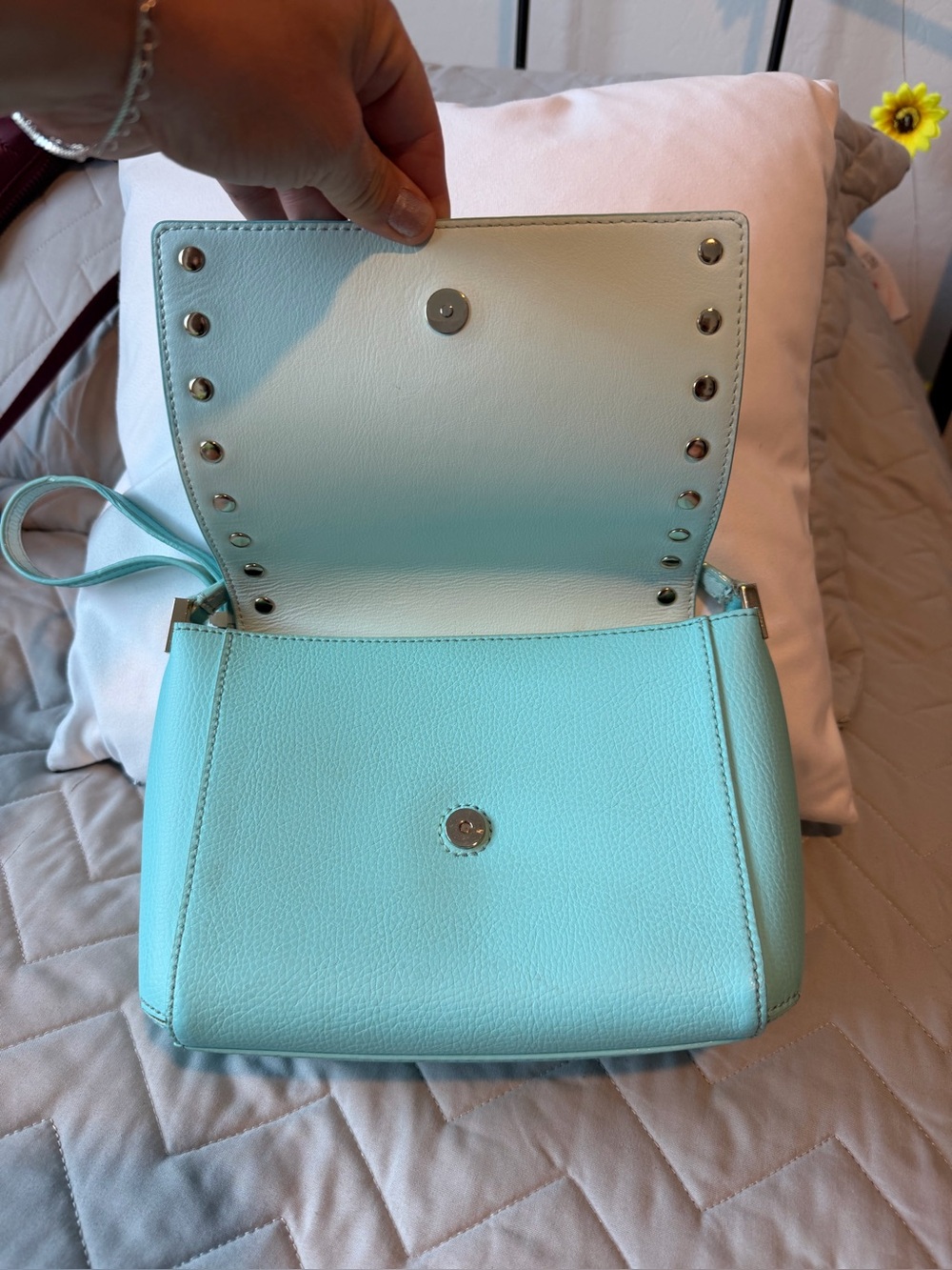 kate spade tiffany blue color pebble leather crossbody with studs - Picture 2 of 8